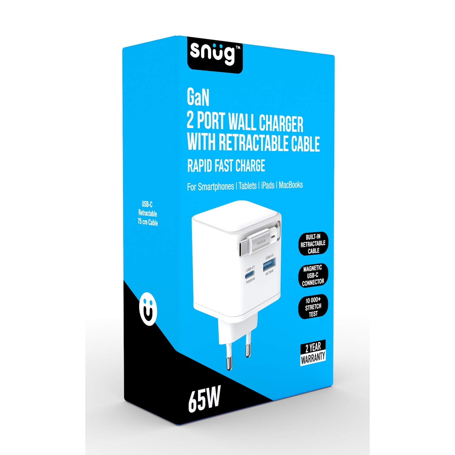 Snug 2 Port PD/USB Charger With Retractable Cable – 65W – White - Image 5